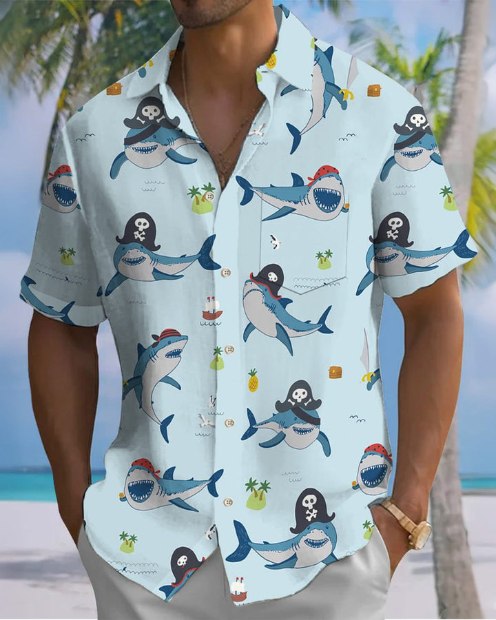 Alohadaddy® Casual Shark Cartoon Print Art Pocket Button Stretch Men&