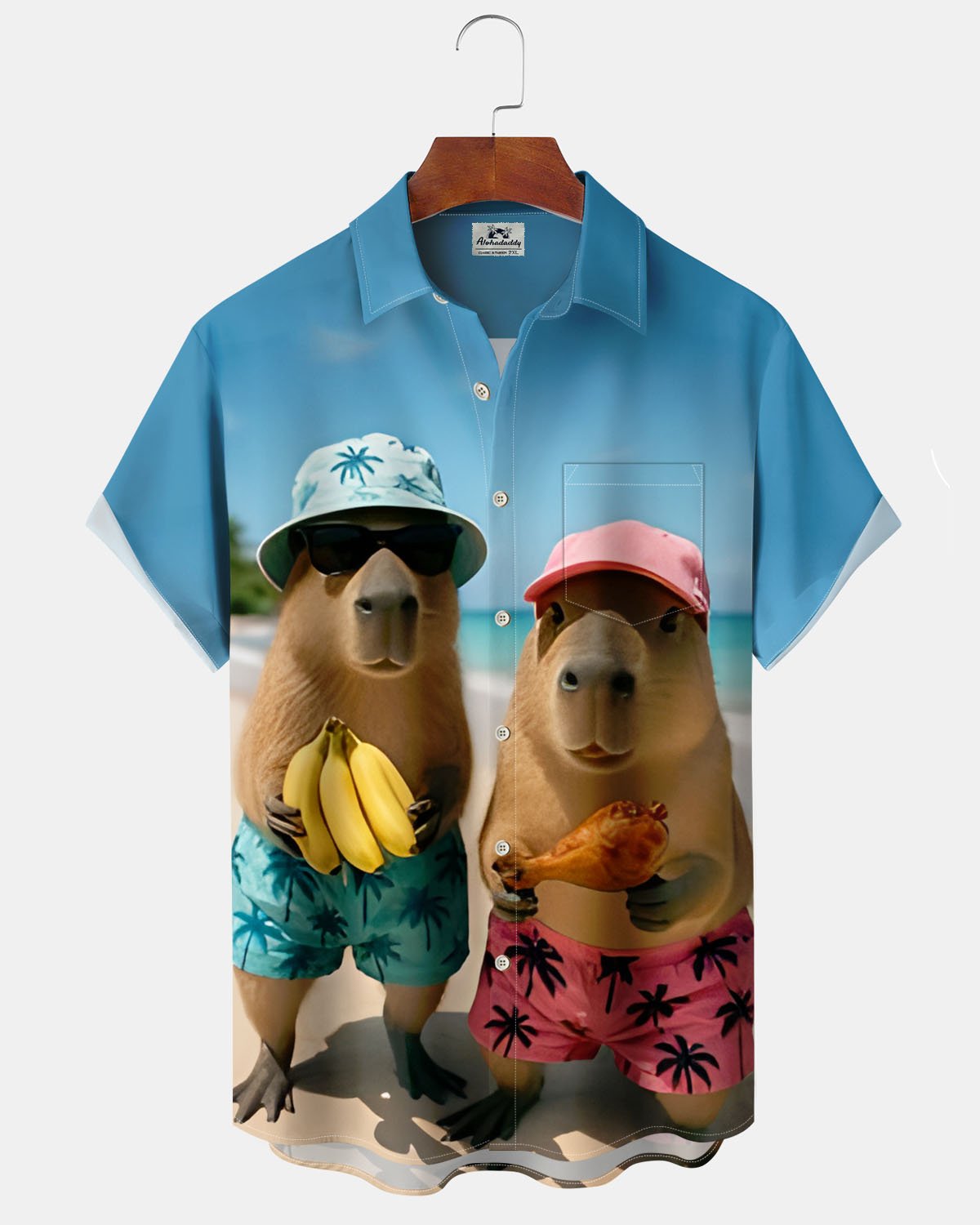 Alohadaddy® Casual Capybara Capybara Animal Print Art, Stretch, Pockets, Buttons, Men's Short-Sleeve Shirt, Big & Tall