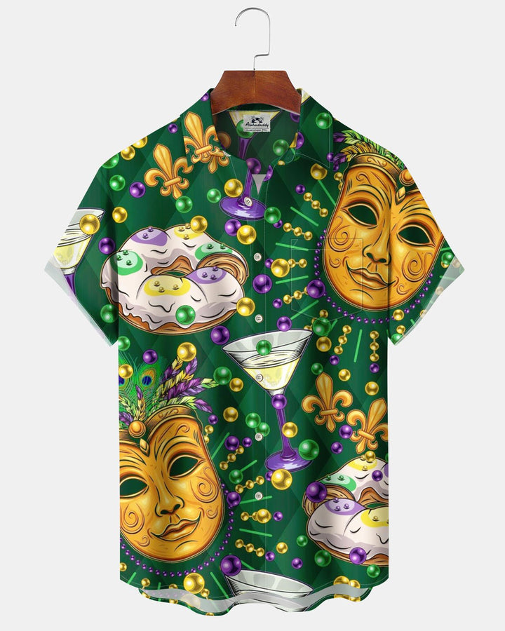Alohadaddy® Holiday Carnival Mask Print Art Pocket Button Cardigan Men&