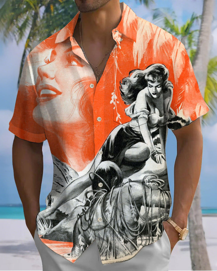 Alohadaddy® Retro Poster Girl Print Art Pocket Button Men&