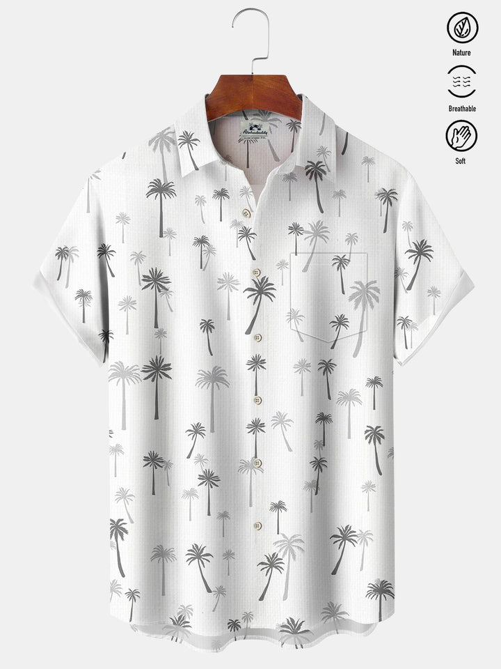 Alohadaddy Casual Collection Palm Tree Button Cardigan Pockets Fresh Stretch Polyester Short Sleeve Shirt