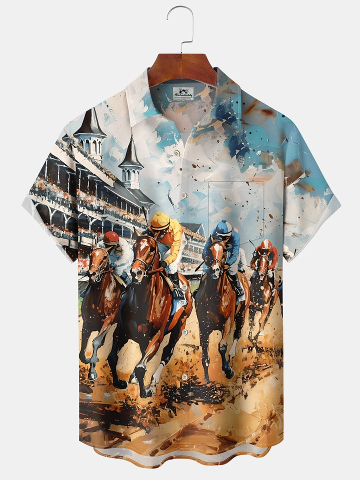 Alohadaddy Casual Daily Horse Racing Drawing Ink Printing Art Button Cardigan Pocket Polyester Stretch Large Size Long Short Sleeve Shirt