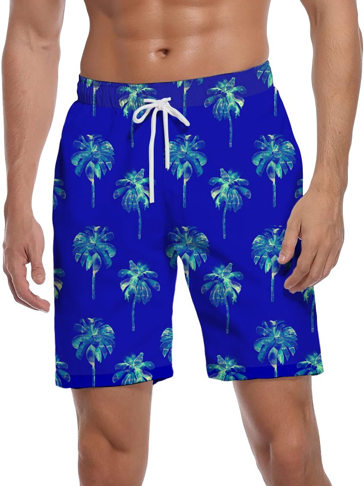 Alohadaddy Vacation Hawaii Palm Trees Arrangement Print Art Elastic Elastic Waist Drawstring Pockets Elastic Oversized Shorts Board Shorts