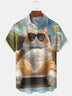 Alohadaddy® Casual Beach Vacation Cat Printed Art Chest Pocket Large Size Long Hawaiian Men's Short Sleeve Shirt