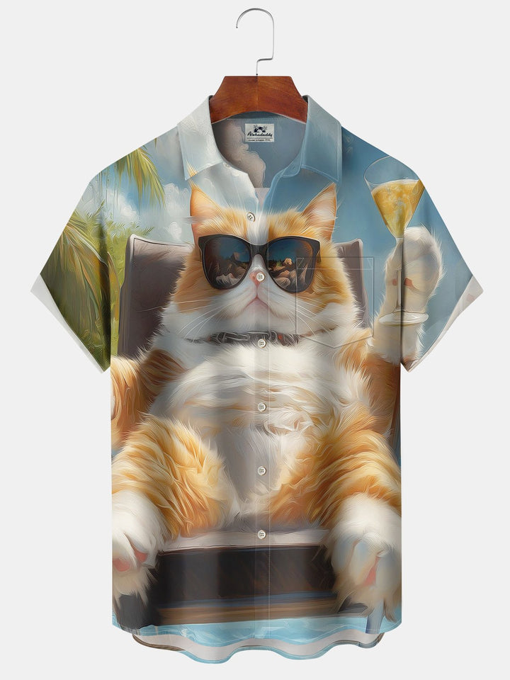 Alohadaddy® Casual Beach Vacation Cat Printed Art Chest Pocket Large Size Long Hawaiian Men&
