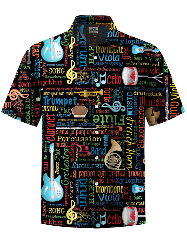Alohadaddy® Casual Letters Musical Instruments Printed Art Chest Pocket Men Short Sleeve Shirt Big &amp; Tall