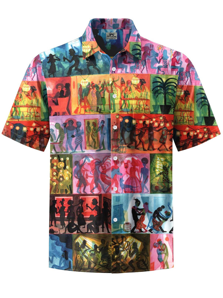 Alohadaddy® Vintage Party Carnival Print Art Chest Pocket Men Short Sleeve Shirt Big &amp; Tall