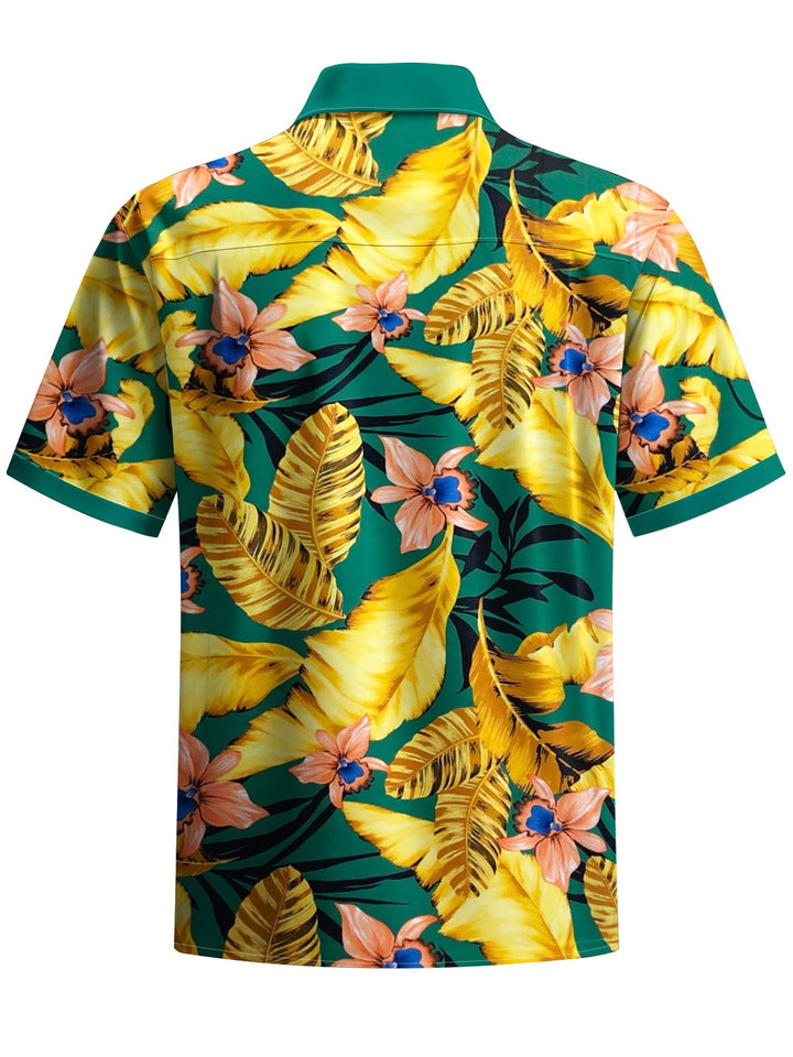 Alohadaddy® Hawaiian Leaves Flowers Art Print Chest Pocket Mens Short Sleeve Shirt Big &amp; Tall