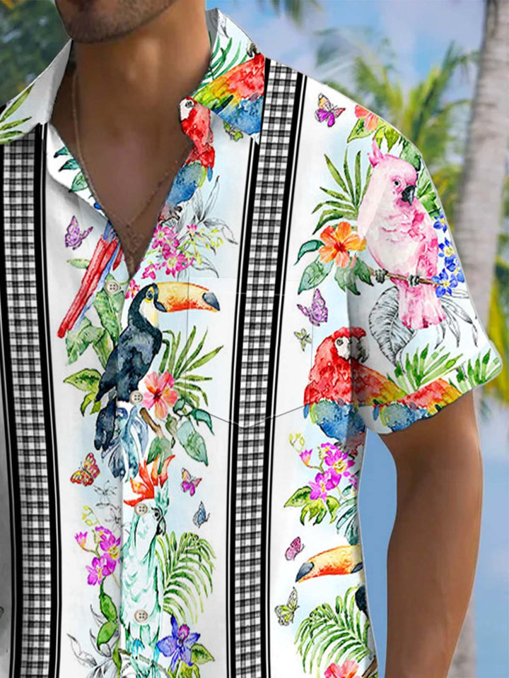 Alohadaddy® Hawaiian Parrot Art Print Chest Pocket Stretch Men&