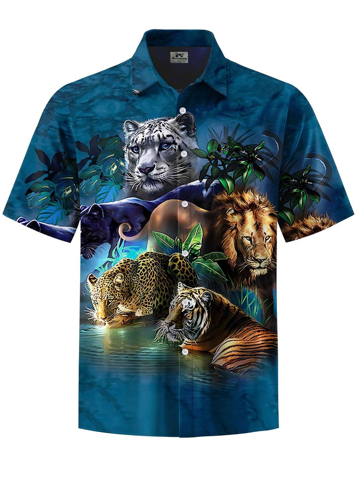 Alohadaddy® Casual Animal Lion Tiger Print Chest Pocket Men&