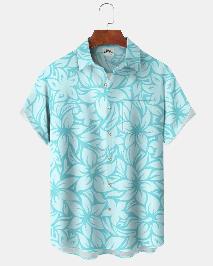 Alohadaddy® Hawaiian Flower Print Pocket Elastic Button Short Sleeve Men&