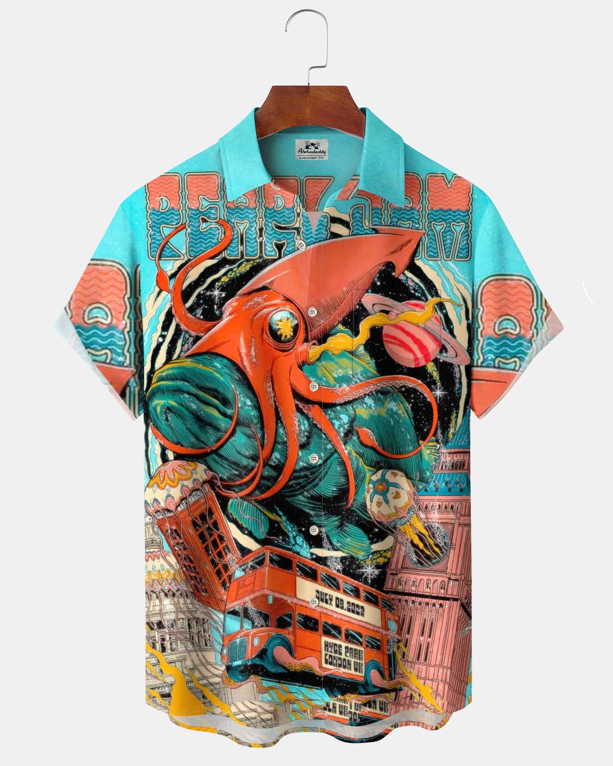 Alohadaddy® Retro Cartoon Octopus Print Art Pocket Stretch Men's Short-Sleeve Shirt Big & Tall