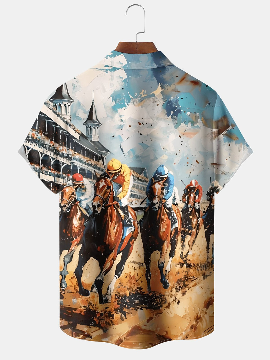 Alohadaddy Casual Daily Horse Racing Drawing Ink Printing Art Button Cardigan Pocket Polyester Stretch Large Size Long Short Sleeve Shirt