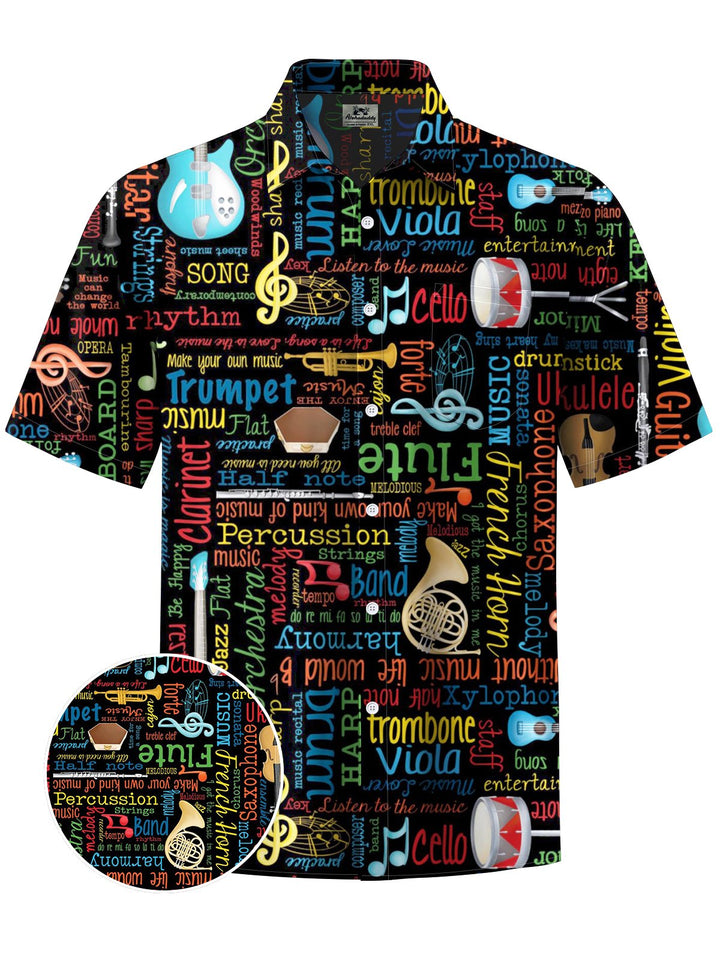 Alohadaddy® Casual Letters Musical Instruments Printed Art Chest Pocket Men Short Sleeve Shirt Big &amp; Tall