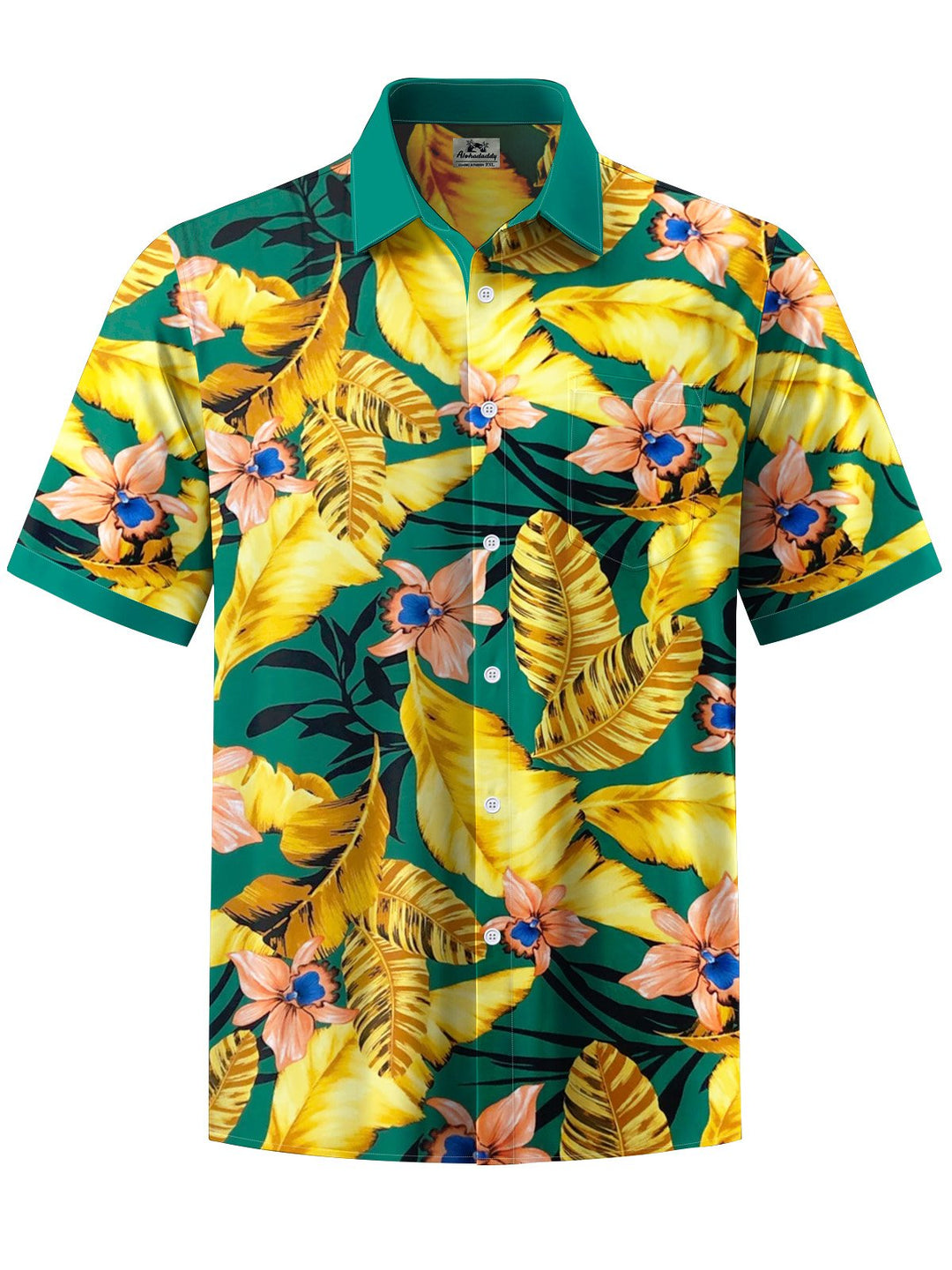 Alohadaddy® Hawaiian Leaves Flowers Art Print Chest Pocket Mens Short Sleeve Shirt Big &amp; Tall