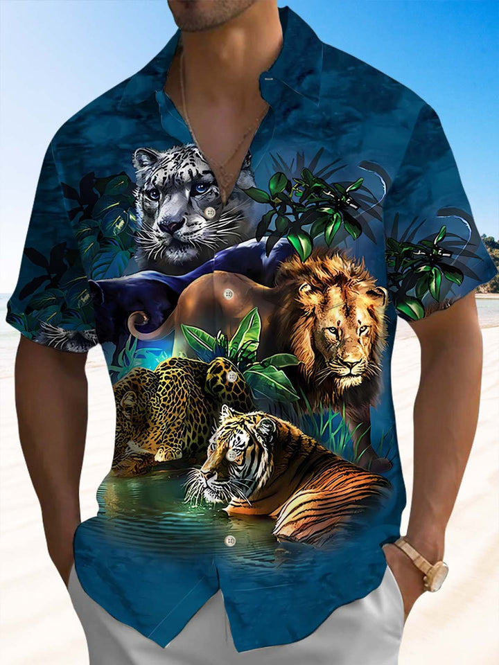 Alohadaddy® Casual Animal Lion Tiger Print Chest Pocket Men&