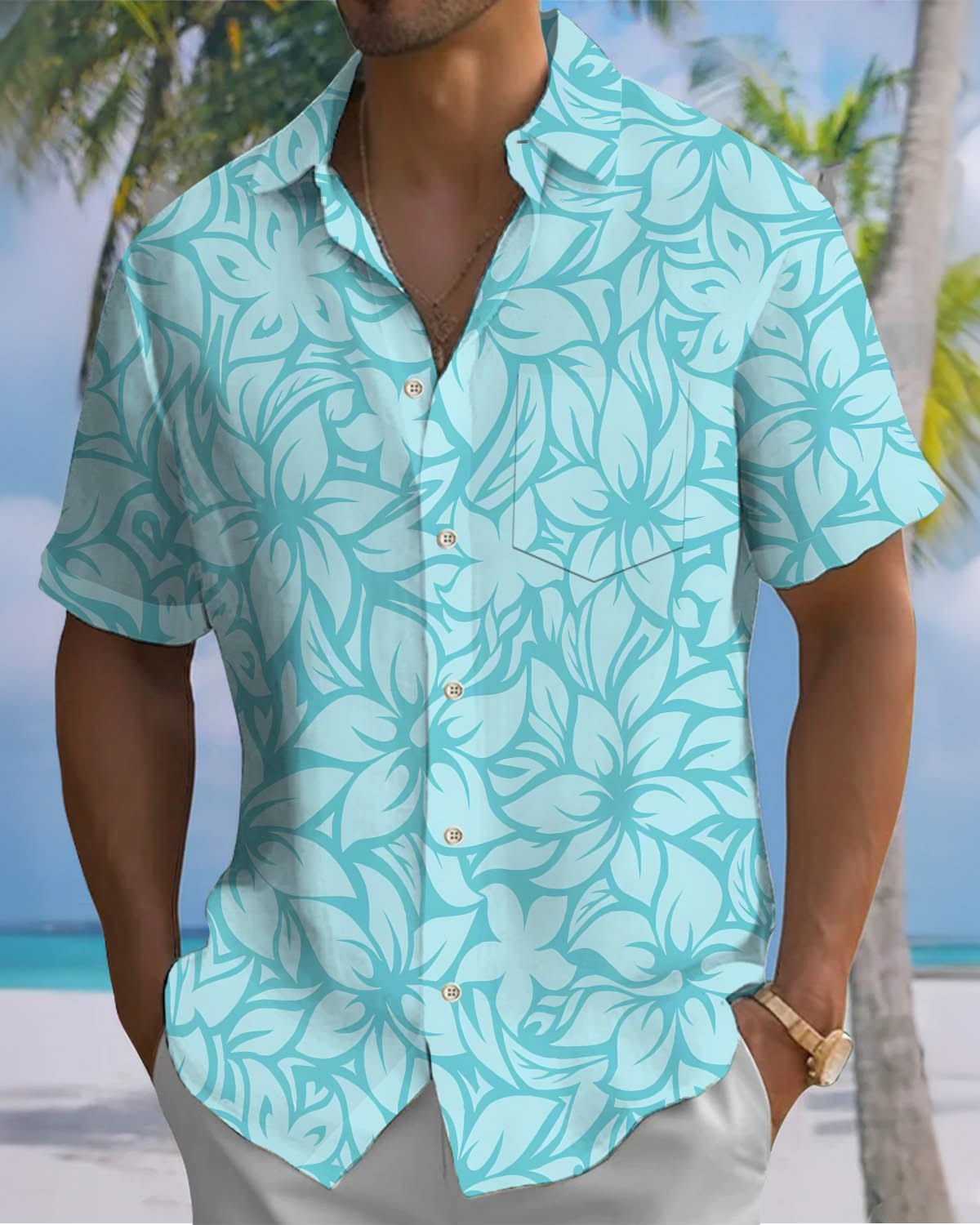 Alohadaddy® Hawaiian Flower Print Pocket Elastic Button Short Sleeve Men's Shirt Big & Tall