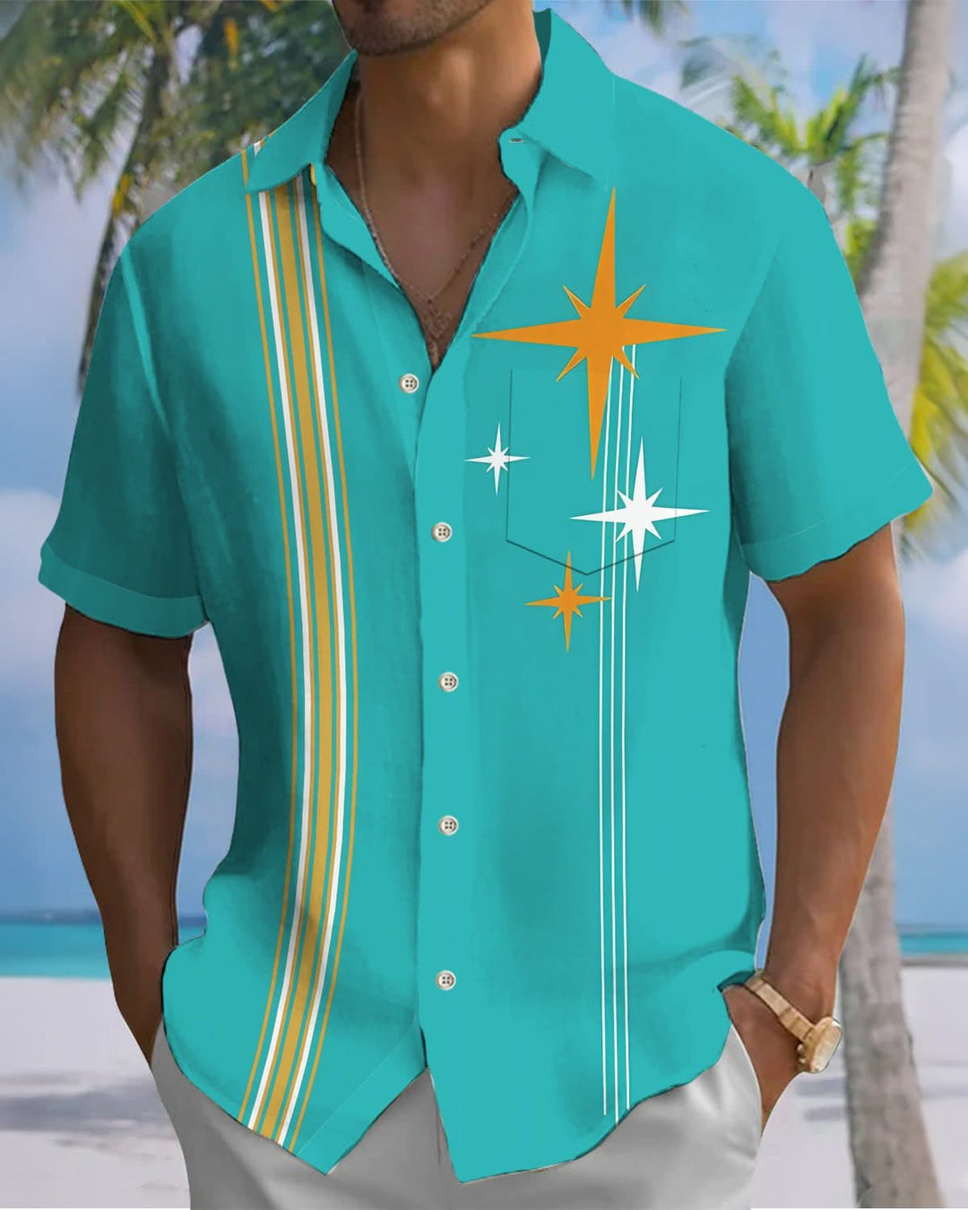 Alohadaddy® Vintage Striped Geometric Print Art Pocket Button Men&