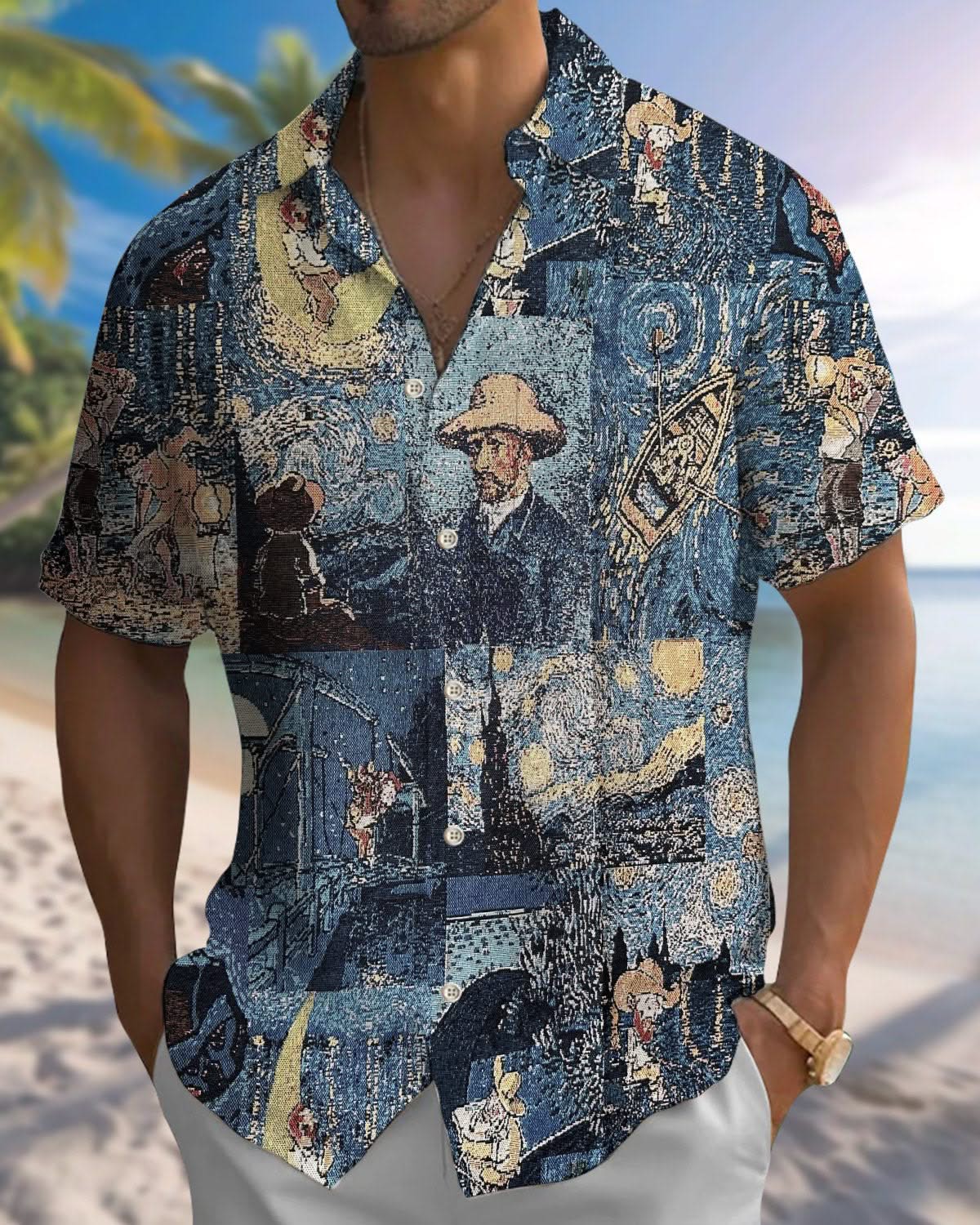 Alohadaddy® Vintage Van Gogh Painting Print Art Pockets with Elastic Buttons Men's Short-Sleeve Shirt Big & Tall