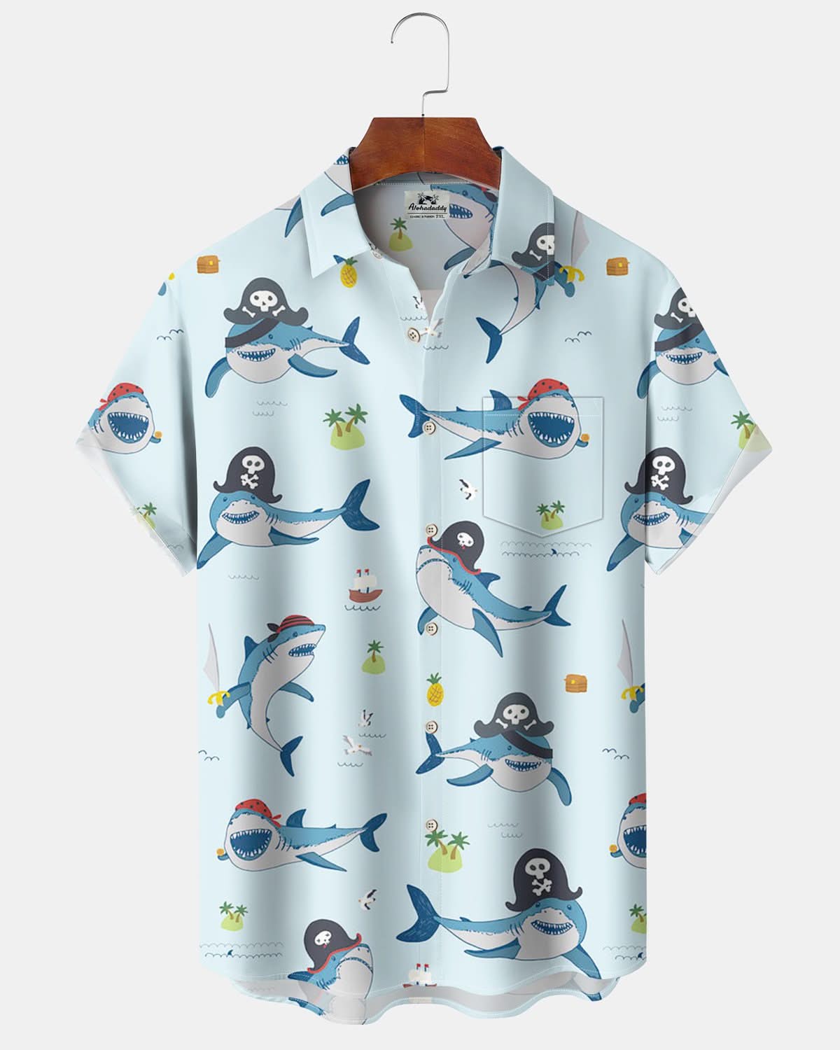Alohadaddy® Casual Shark Cartoon Print Art Pocket Button Stretch Men's Short Sleeve Shirt Big & Tall