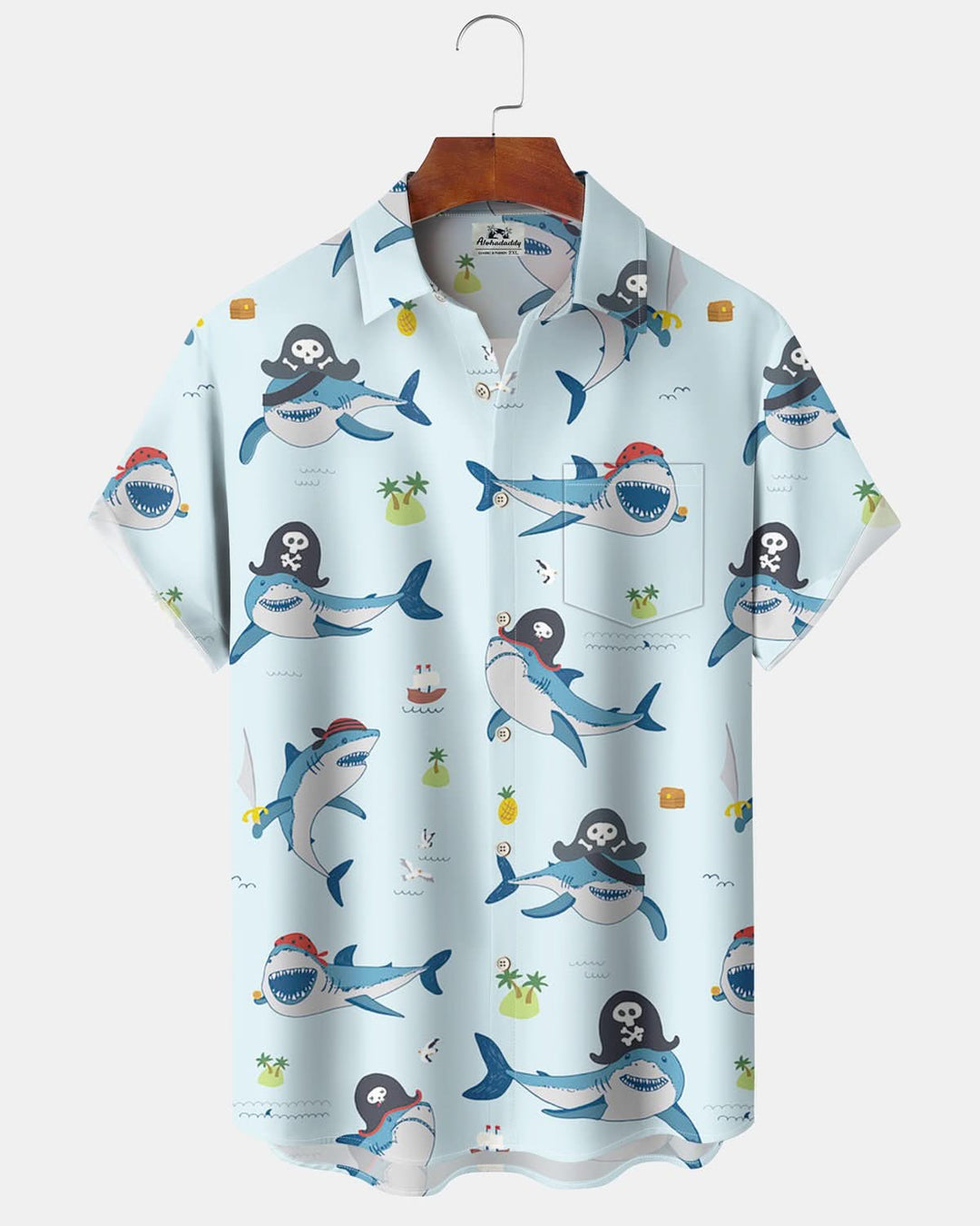 Alohadaddy® Casual Shark Cartoon Print Art Pocket Button Stretch Men&