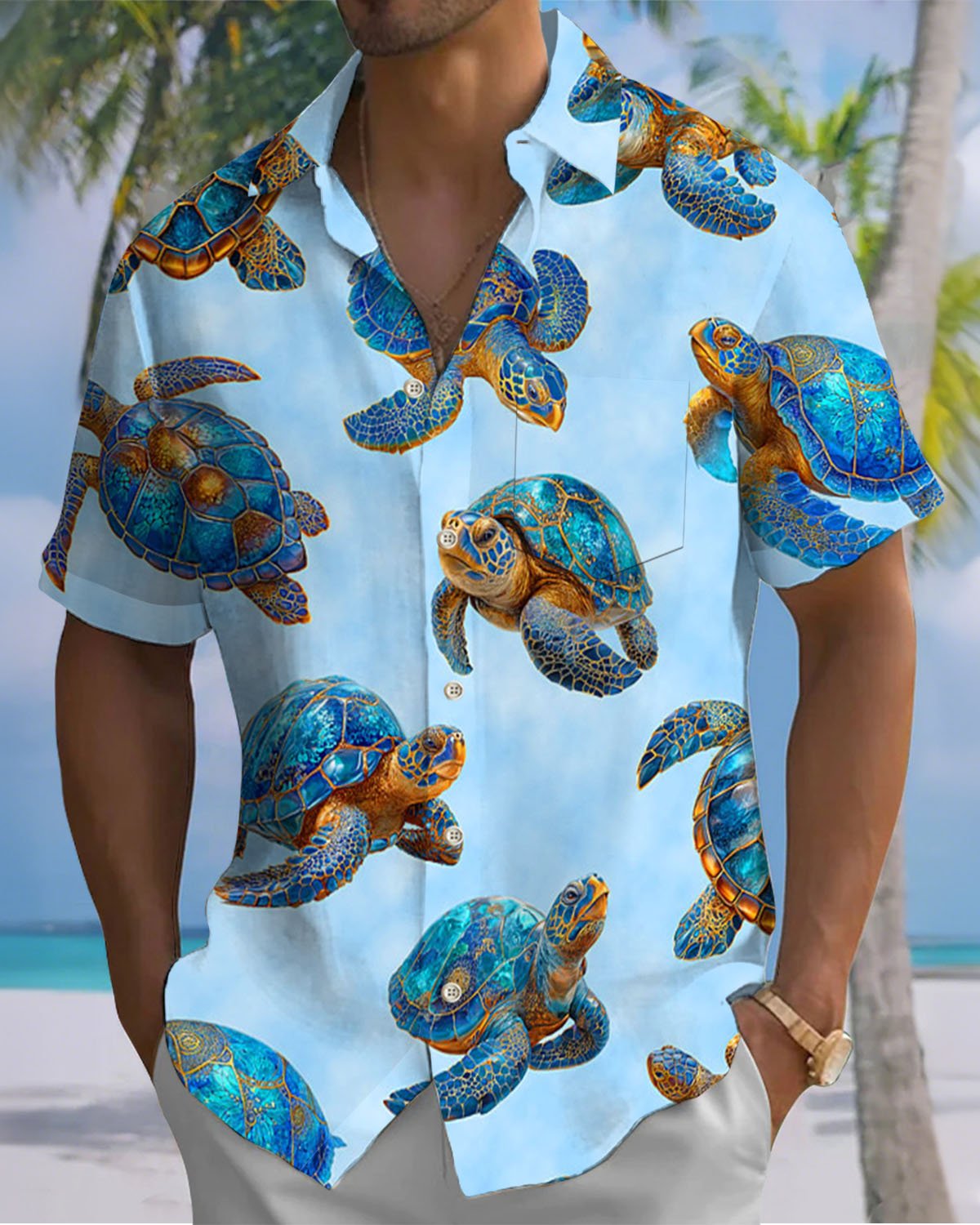 Alohadaddy® Hawaiian Turtle Art Print Stretch Button Pocket Men's Short Sleeve Shirt Big & Tall