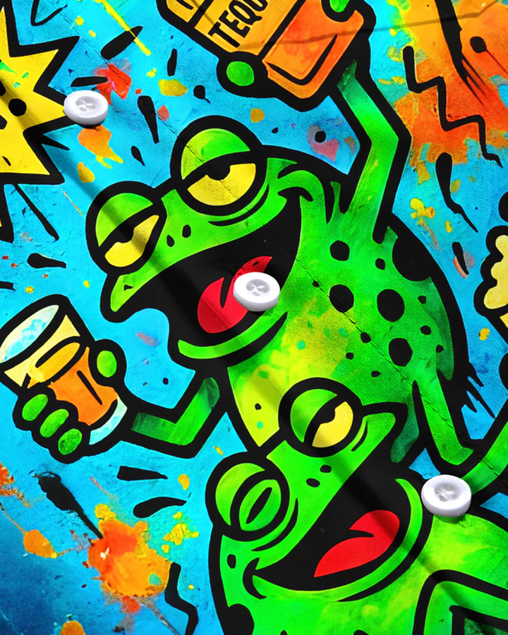 Alohadaddy® Retro Fun Frog Beer Print Art Pocket Button Stretch Men&