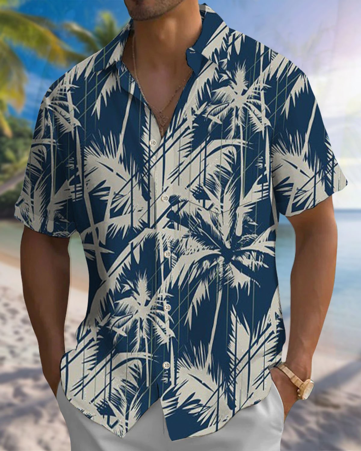 Alohadaddy® Hawaiian Palm Tree Print Art Pockets with Elastic Buttons Men's Short-Sleeve Shirt Big & Tall
