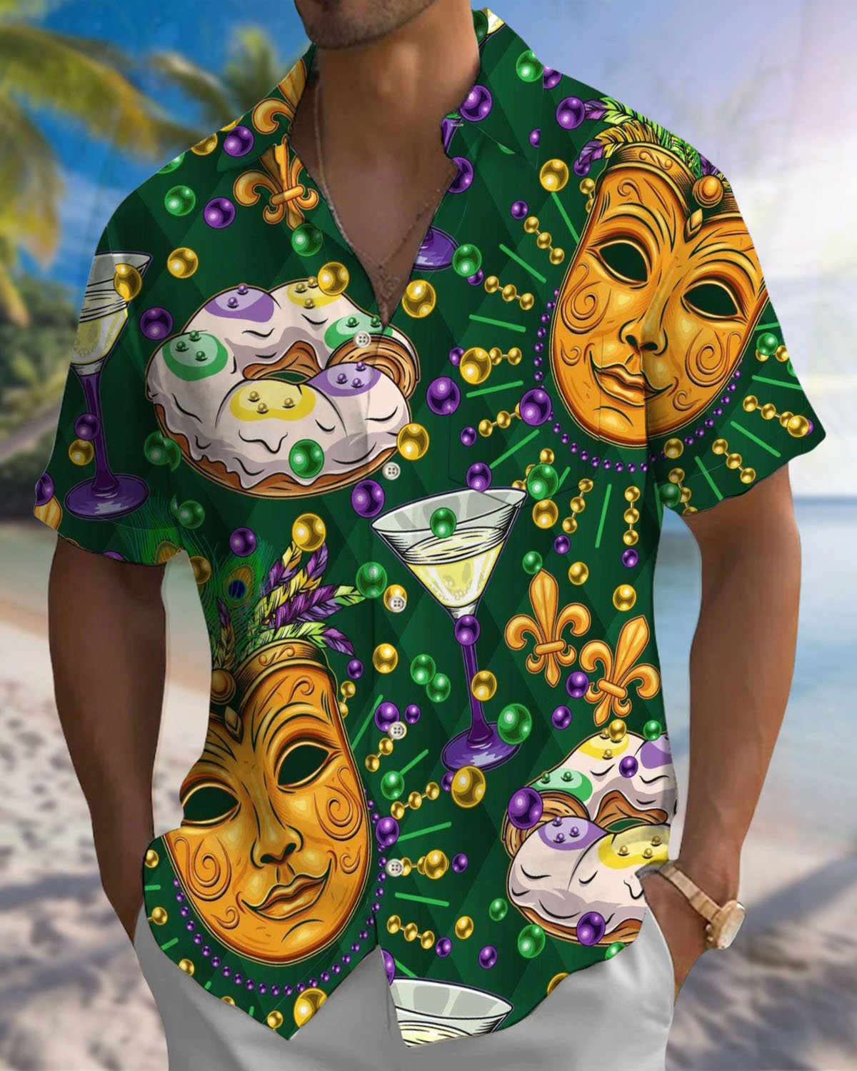 Alohadaddy® Holiday Carnival Mask Print Art Pocket Button Cardigan Men's Short Sleeve Shirt Big & Tall