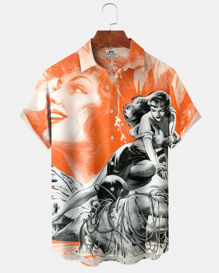 Alohadaddy® Retro Poster Girl Print Art Pocket Button Men&
