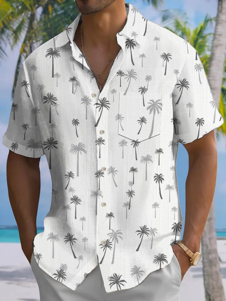 Alohadaddy Casual Collection Palm Tree Button Cardigan Pockets Fresh Stretch Polyester Short Sleeve Shirt