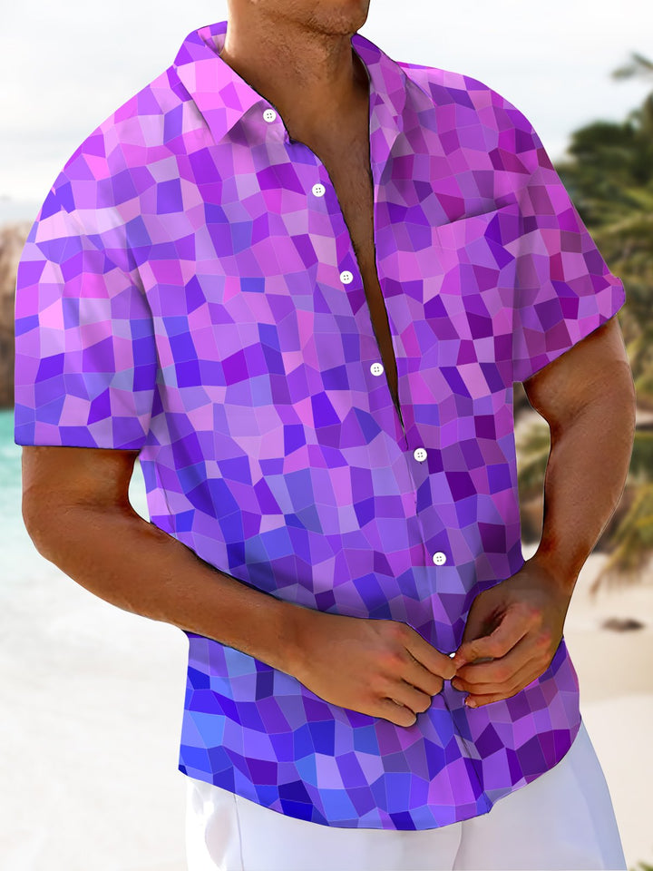 Alohadaddy® Casual Ombre Geometric Resort Art Print Chest Pocket Moisture Wicking Oversized Hawaiian Shirt