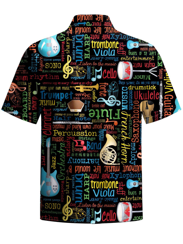 Alohadaddy® Casual Letters Musical Instruments Printed Art Chest Pocket Men Short Sleeve Shirt Big &amp; Tall