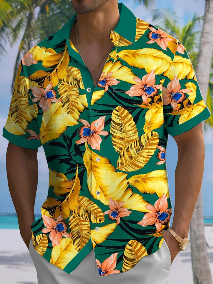 Alohadaddy® Hawaiian Leaves Flowers Art Print Chest Pocket Mens Short Sleeve Shirt Big &amp; Tall
