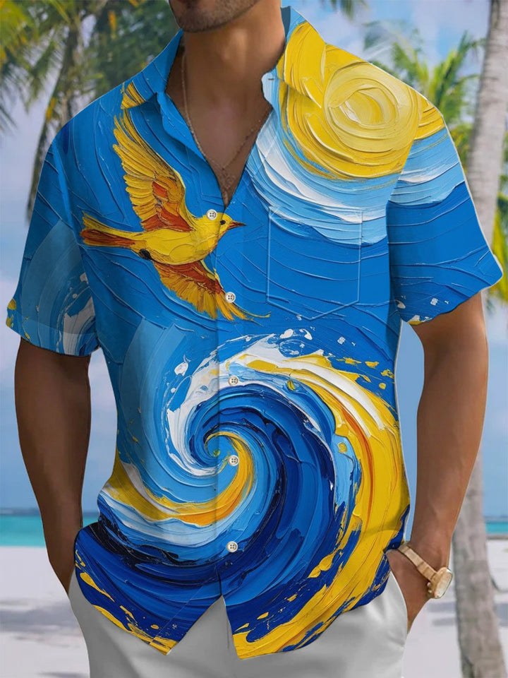 Alohadaddy® Hawaiian Wave Acrylic Chest Pocket Moisture Wicking Mens Short Sleeve Shirt Big &amp; Tall