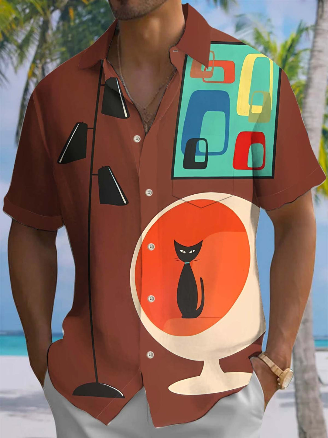 Alohadaddy® Vintage Geometric Cat Print Pocket Stretch Men&