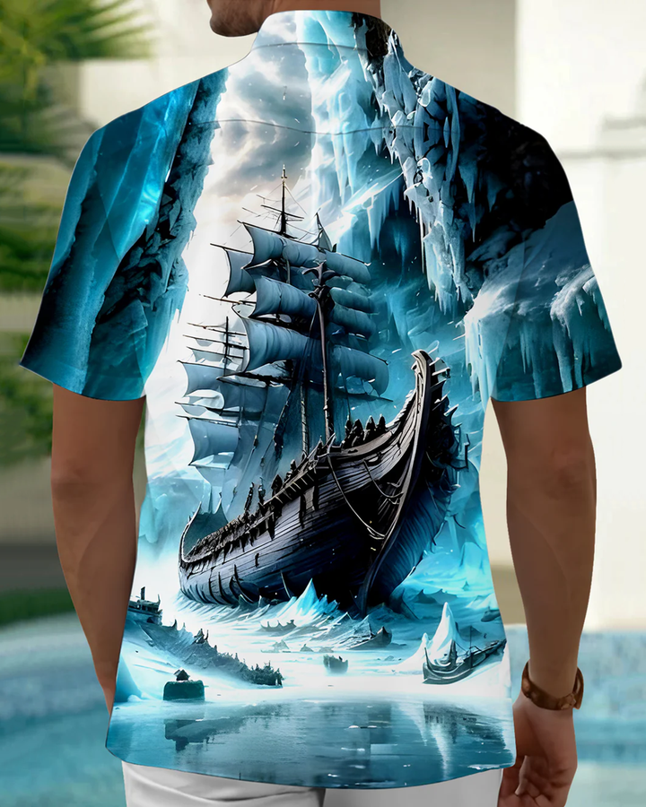 Alohadaddy® Vintage Sailboat Glacier Print Pocket Button Men&