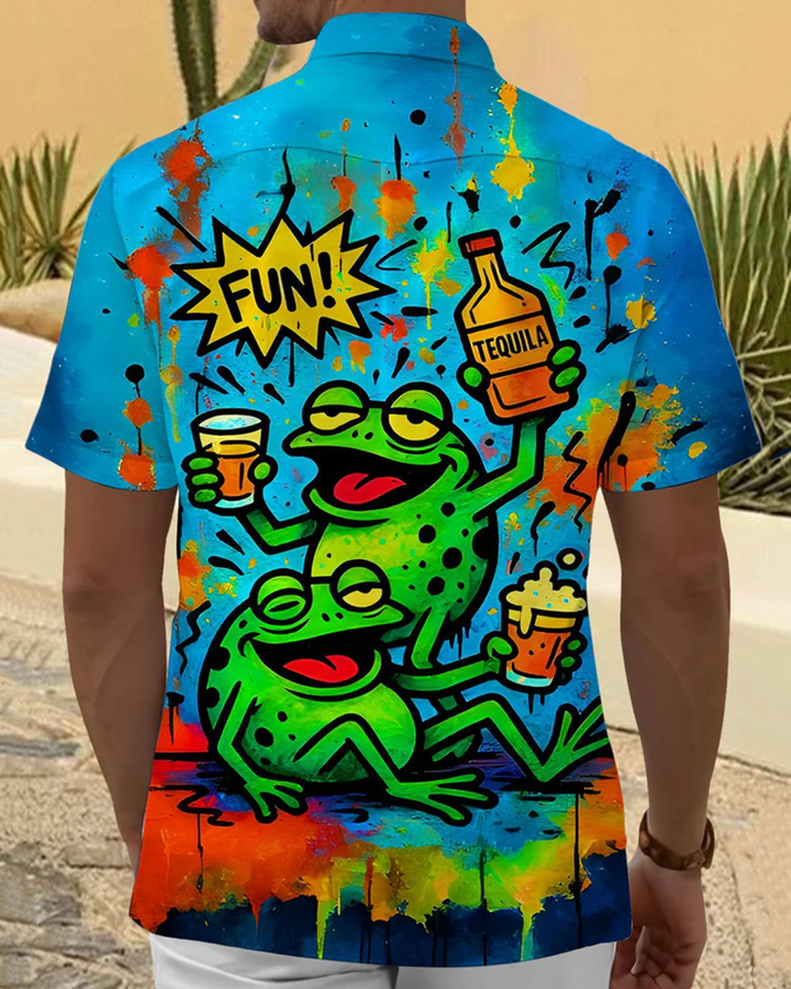 Alohadaddy® Retro Fun Frog Beer Print Art Pocket Button Stretch Men&