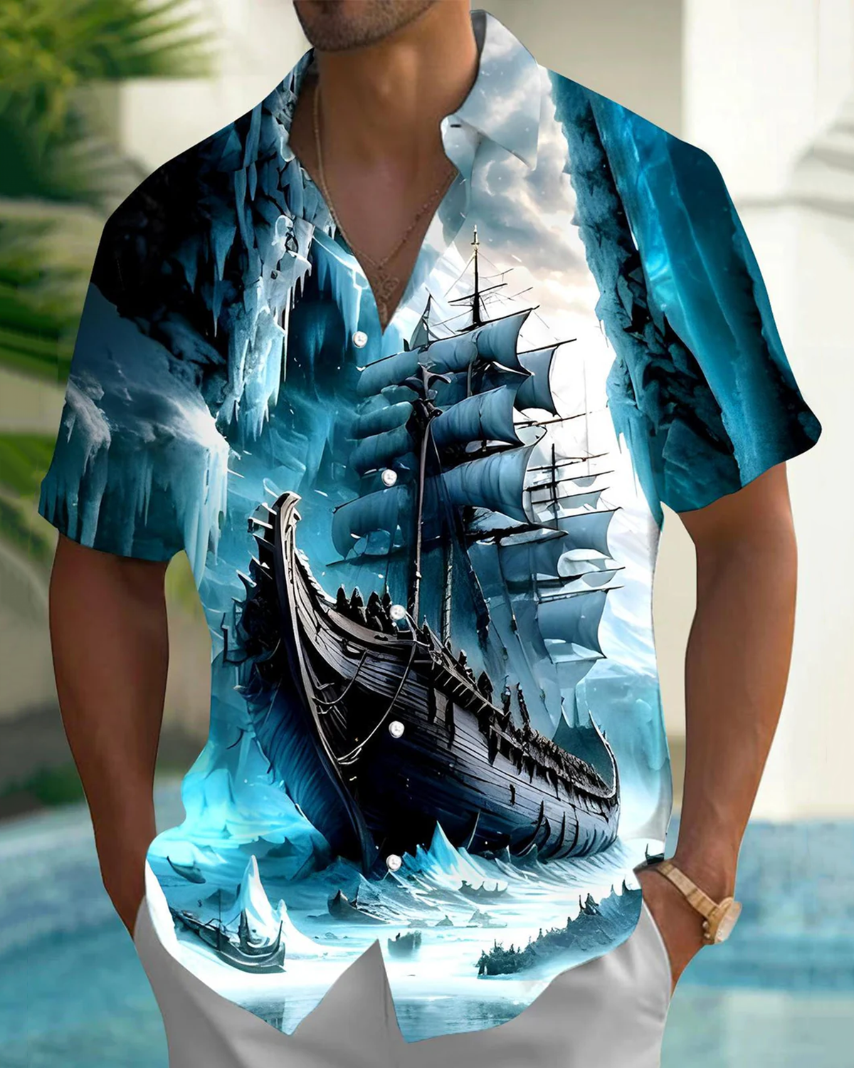 Alohadaddy® Vintage Sailboat Glacier Print Pocket Button Men's Short Sleeve Shirt Big & Tall