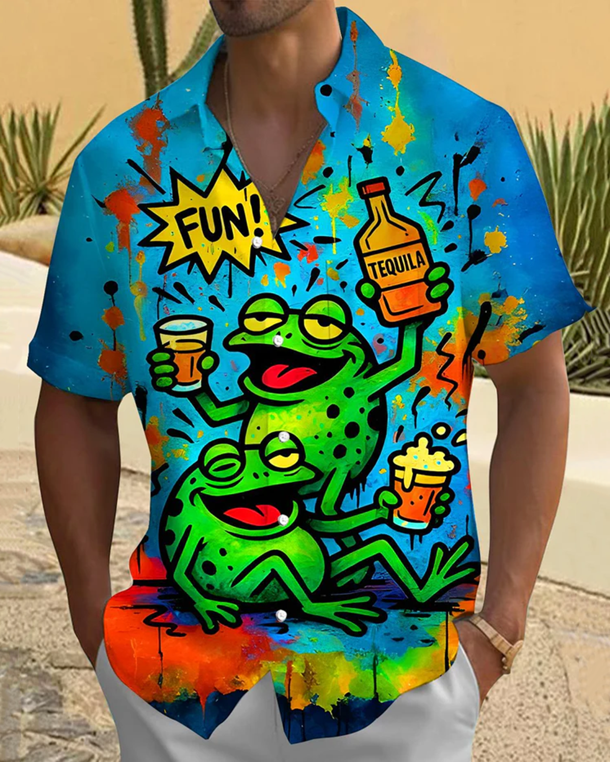 Alohadaddy® Retro Fun Frog Beer Print Art Pocket Button Stretch Men's Short Sleeve Shirt Big & Tall