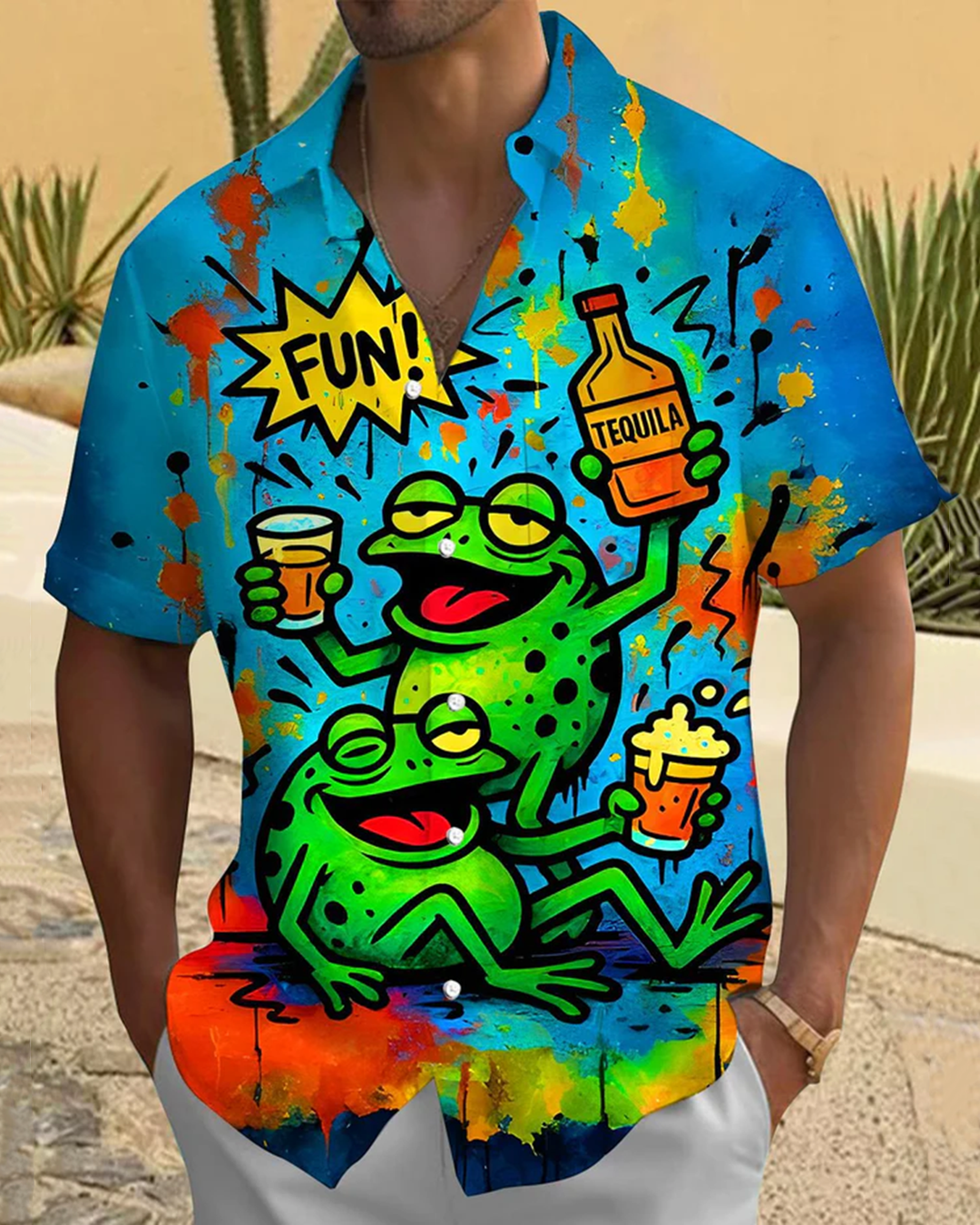 Alohadaddy® Retro Fun Frog Beer Print Art Pocket Button Stretch Men&