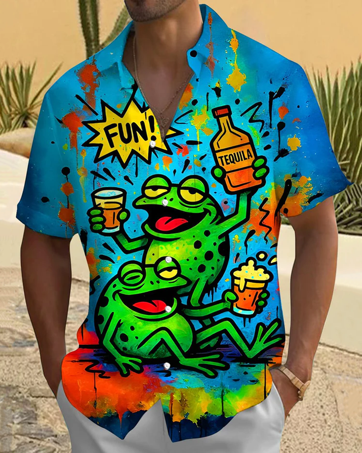 Alohadaddy® Retro Fun Frog Beer Print Art Pocket Button Stretch Men&