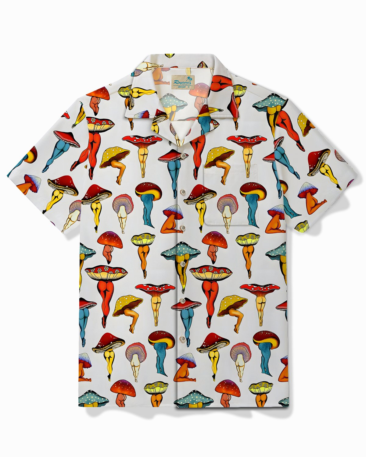 Alohadaddy® Vintage Mushroom Art Print Men's Chest Pocket Stretch Hawaiian Shirt Big Tall