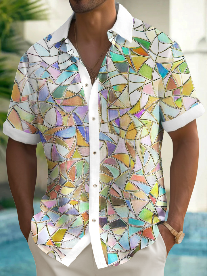 Alohadaddy® Vintage Geometric Contrast Print Chest Pocket Men&