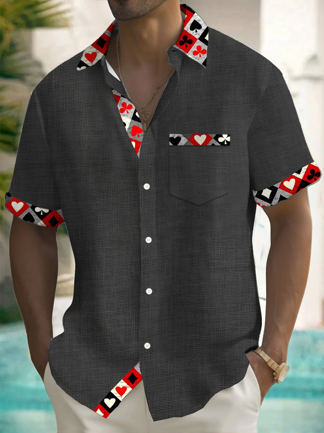 Alohadaddy® Basic Contrast Poker Print Chest Pocket Men&
