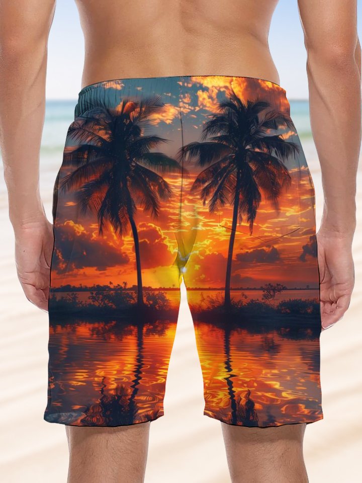 Alohadaddy® Palm Tree Print Chest Pocket Stretch Moisture Wicking Large Size Hawaiian Shorts
