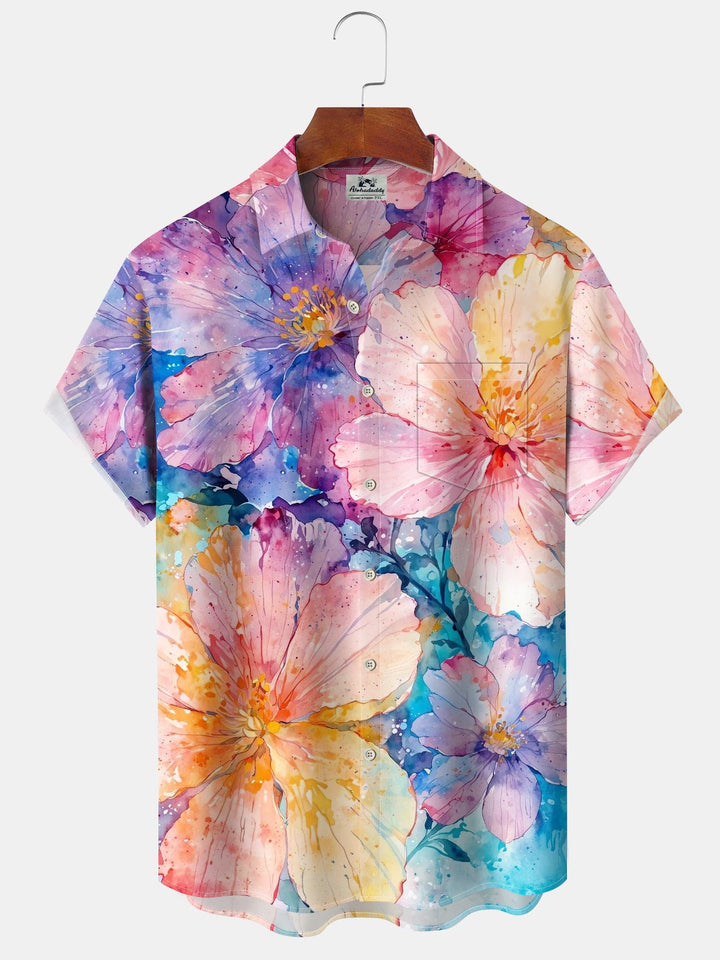Alohadaddy® Vintage Floral Art Print Pockets Moisture Wicking Hawaiian Shirt Big &amp; Tall