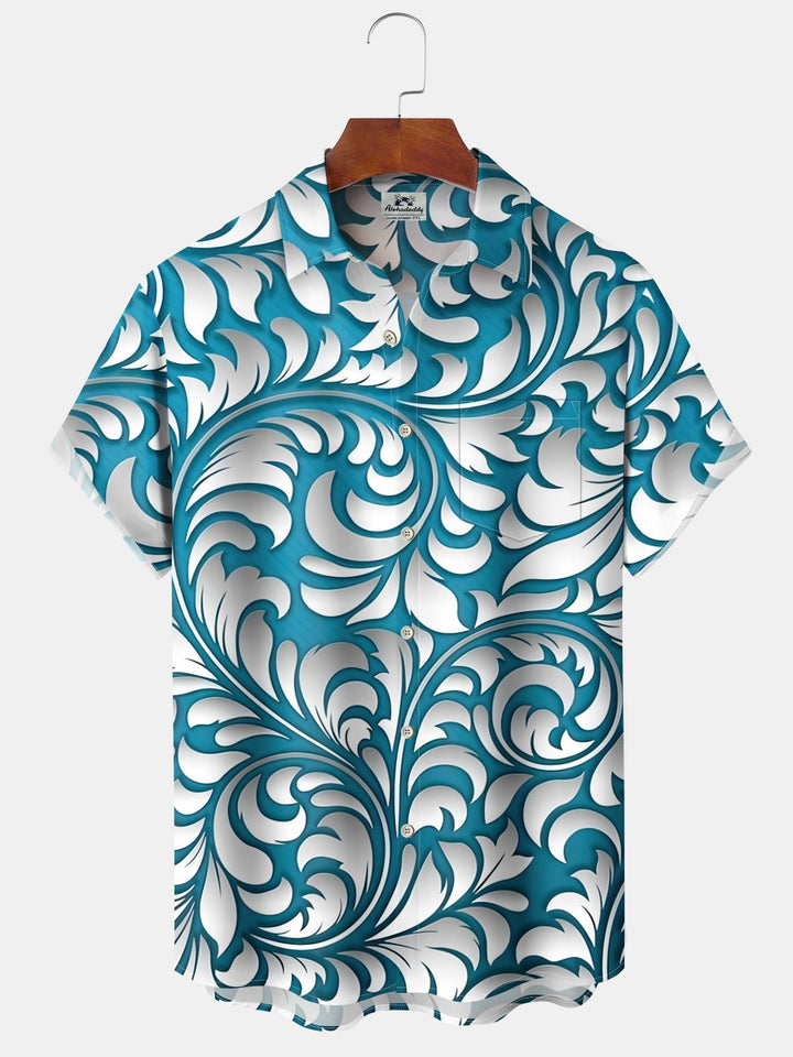 Alohadaddy® Vintage 3D Flowers Art Print Chest Pocket Stretch Hawaiian Short Sleeve Shirt Big &amp; Tall