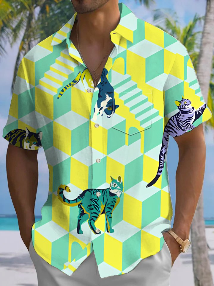 Alohadaddy® Casual Geometric Cat Art Print Moisture Wicking Men&