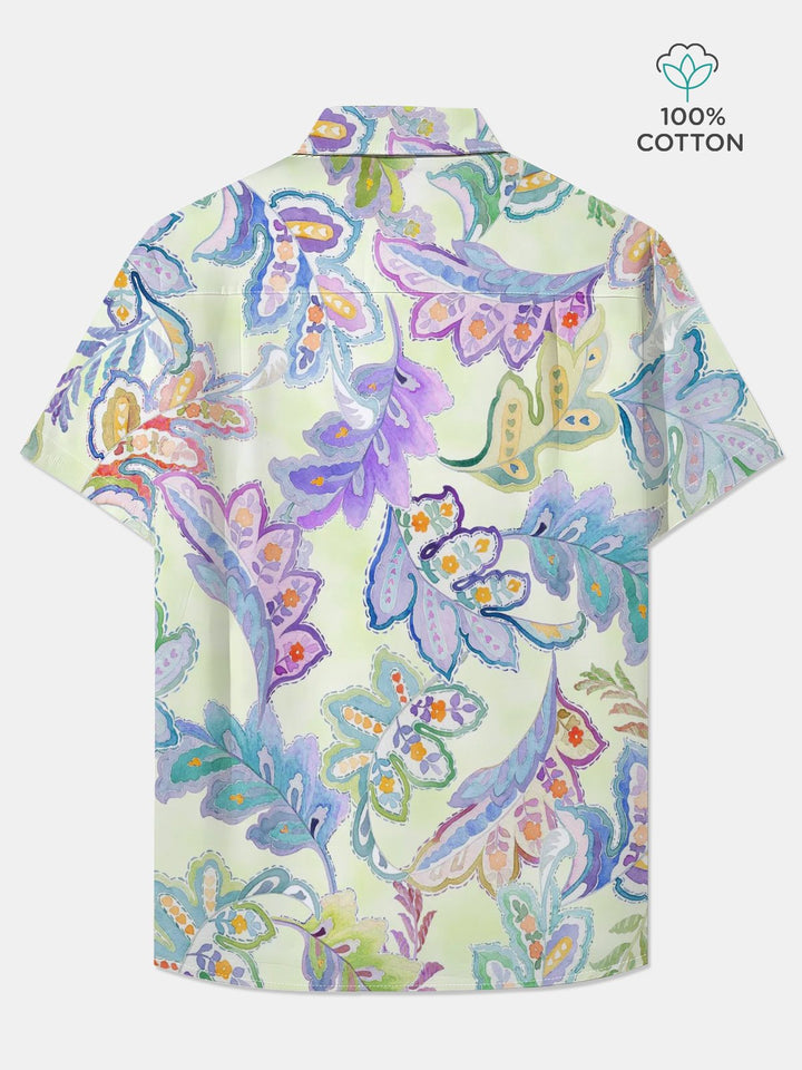 Alohadaddy® Hawaiian Leaves Art Print Chest Pocket Mens Cotton Short Sleeve Shirt Big &amp; Tall